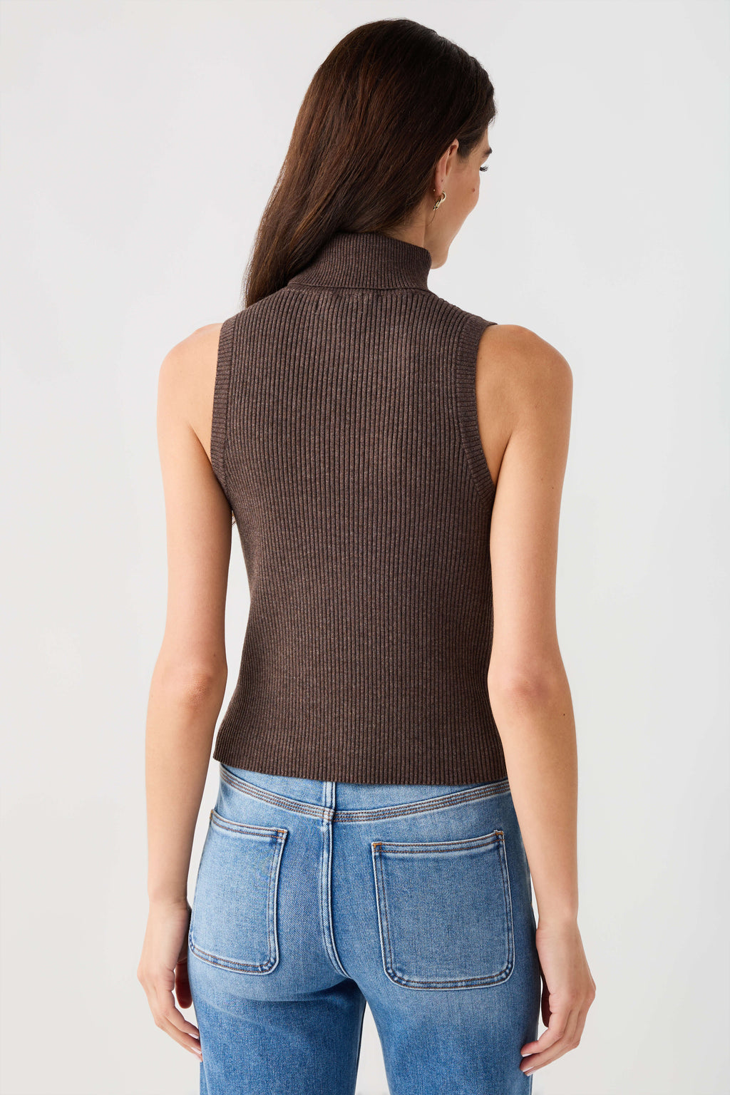 Sleeveless ribbed turtleneck top in dark brown, back view