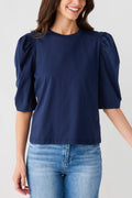 Navy puff-sleeve jersey top with crew neck and gathered three-quarter sleeves