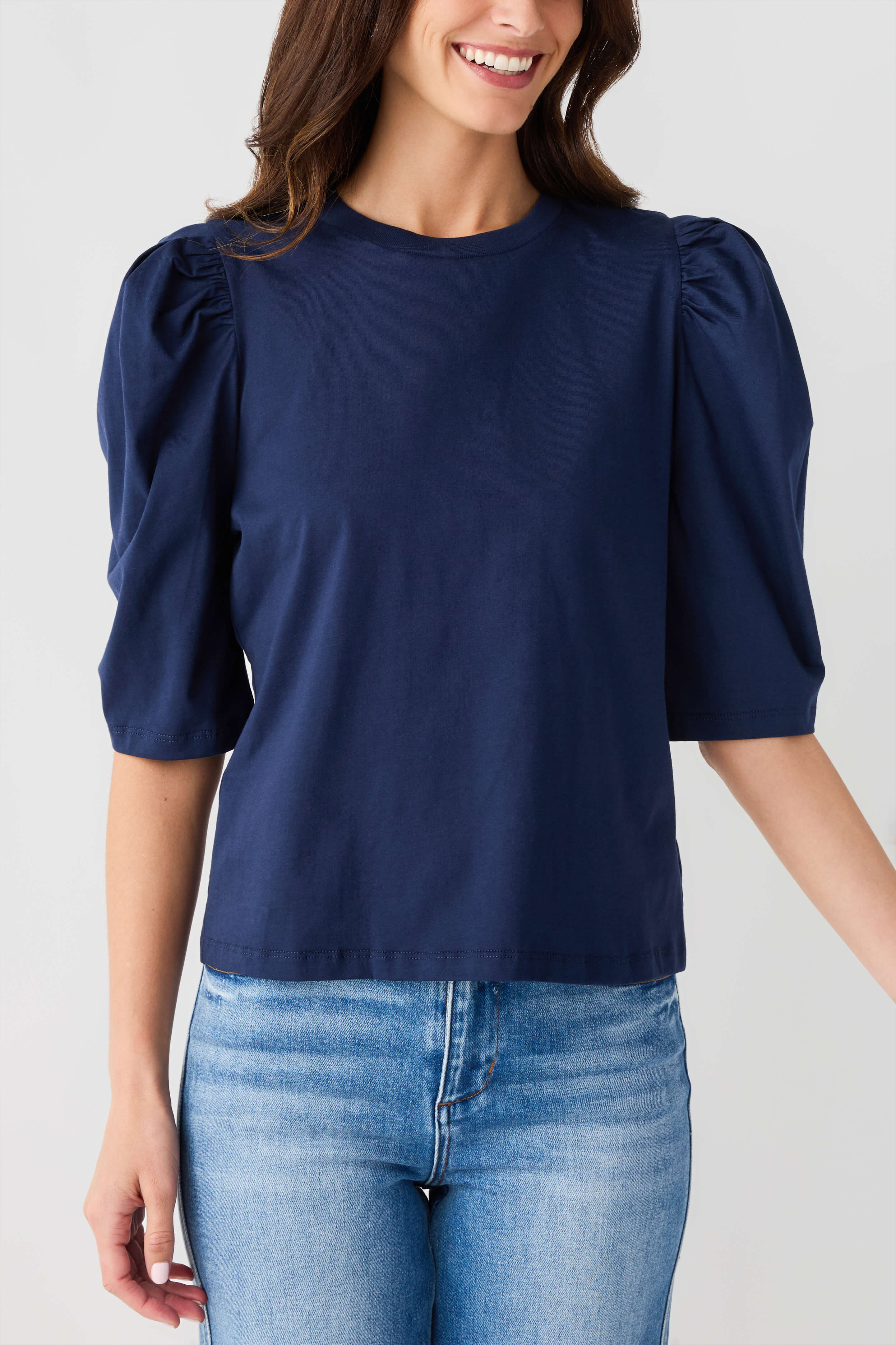 Navy puff-sleeve jersey top with crew neck and gathered three-quarter sleeves