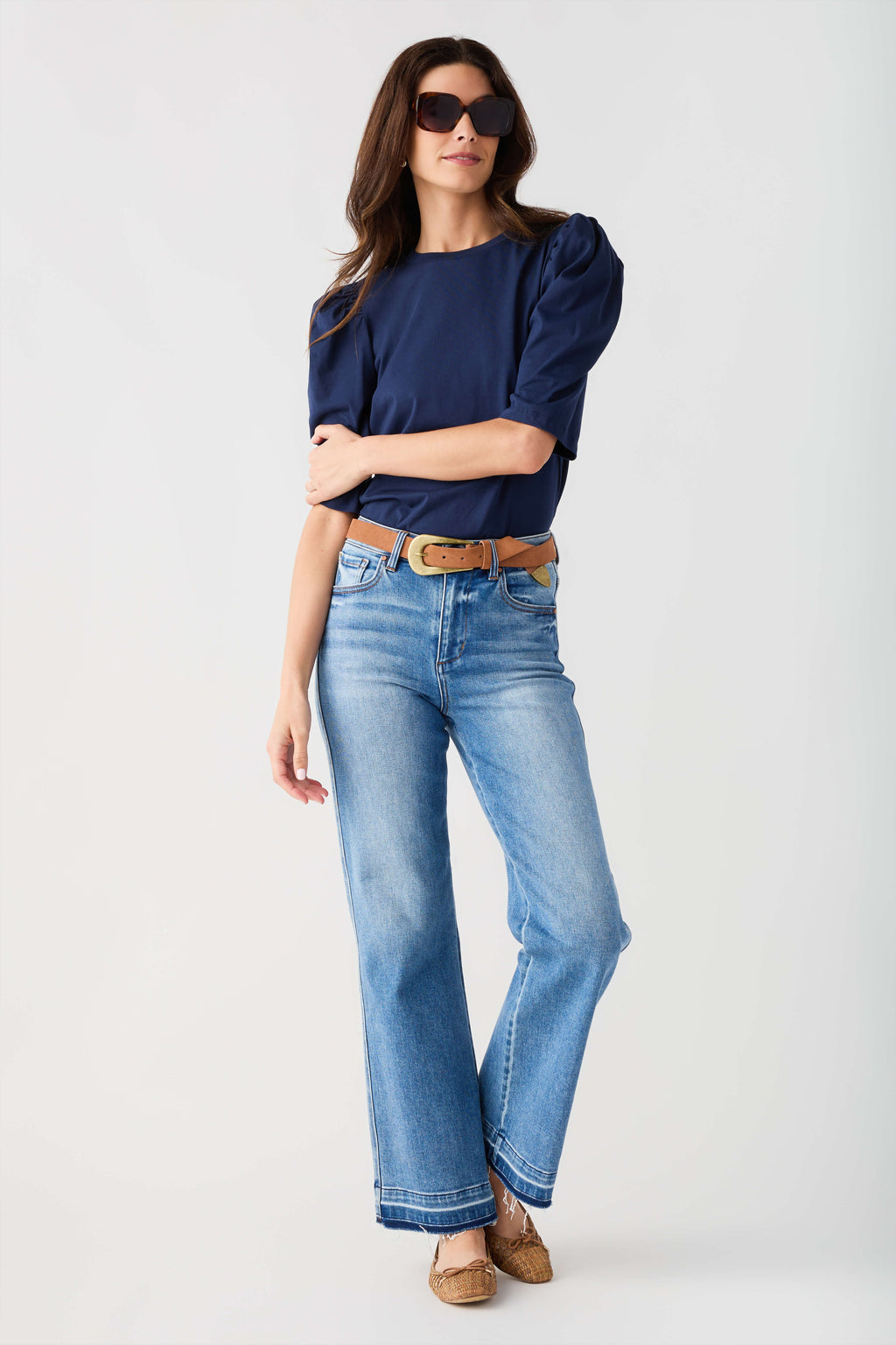 Navy puff-sleeve jersey top with crew neck and voluminous gathered sleeves