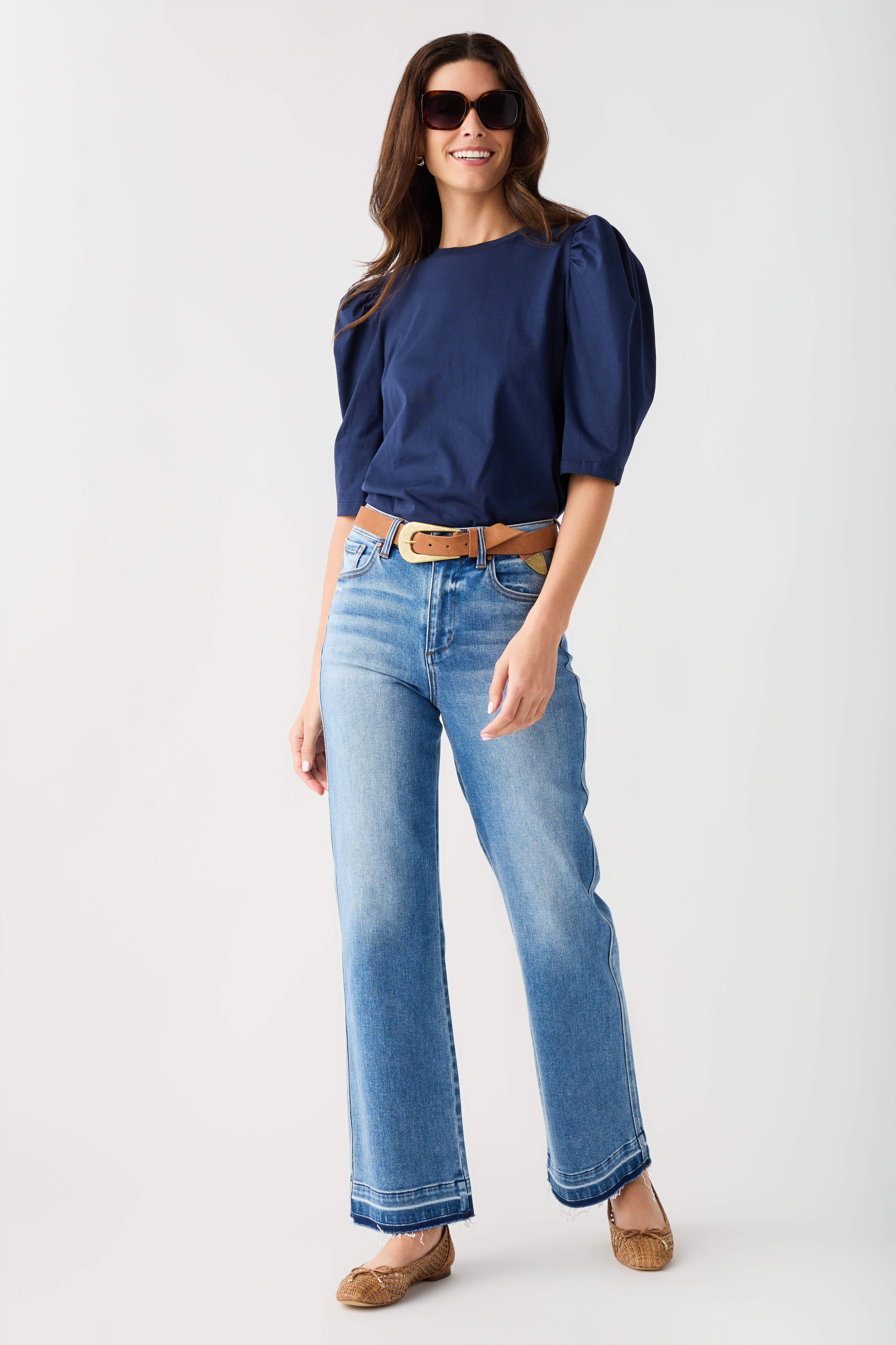 Navy puff-sleeve jersey top with crew neck and puffed sleeve detail