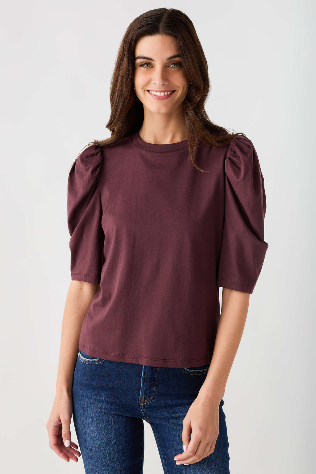 Chocolate puff-sleeve jersey top with crew neck and gathered sleeve seams