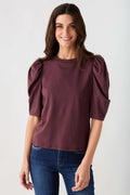 Chocolate puff-sleeve jersey top with crew neck and gathered sleeve seams