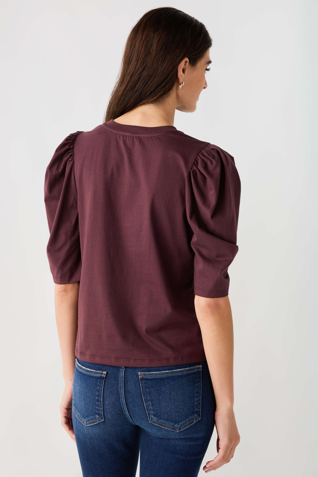 Chocolate puff-sleeve jersey top with round back and gathered puffed shoulders