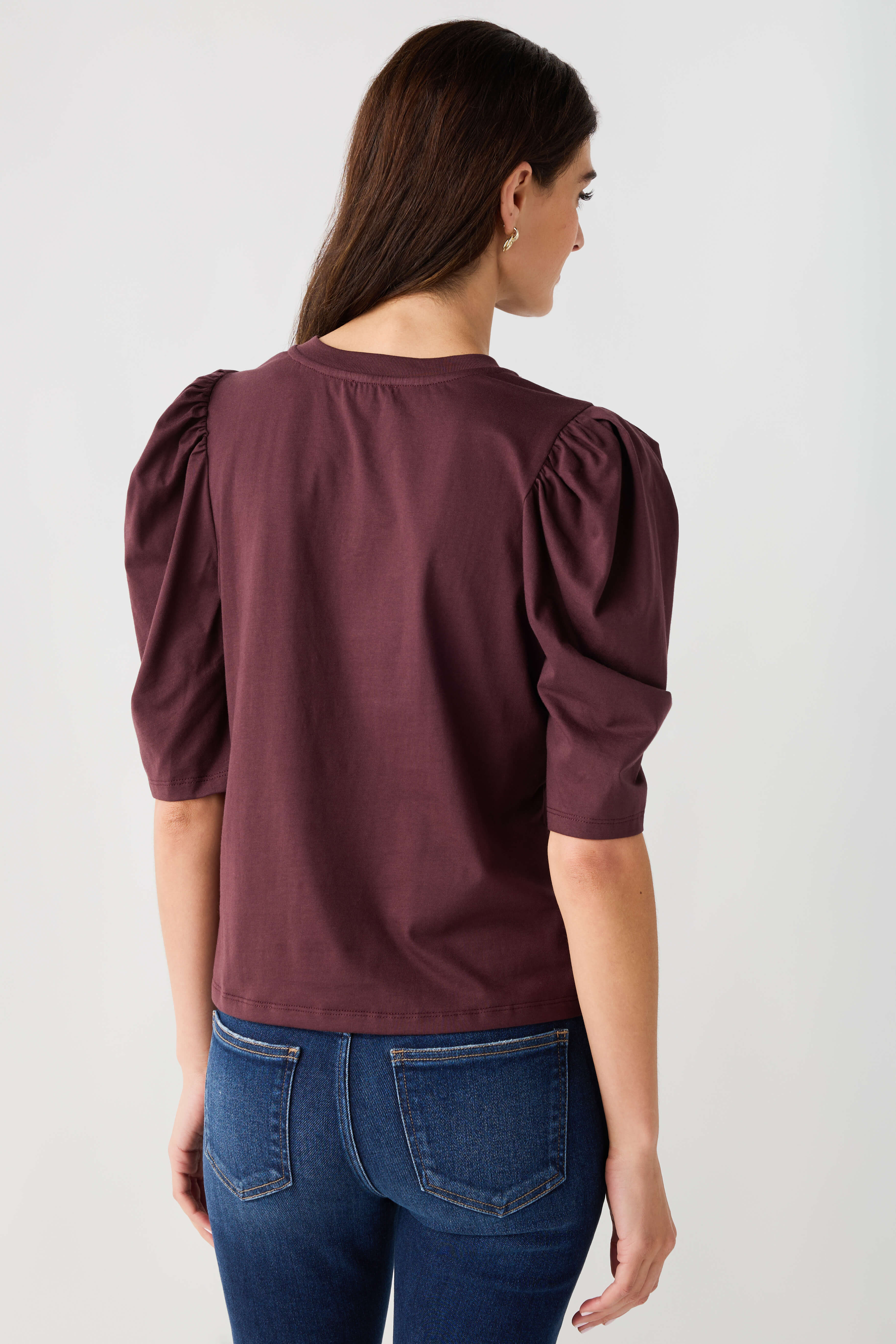 Chocolate puff-sleeve jersey top with round back and gathered puffed shoulders