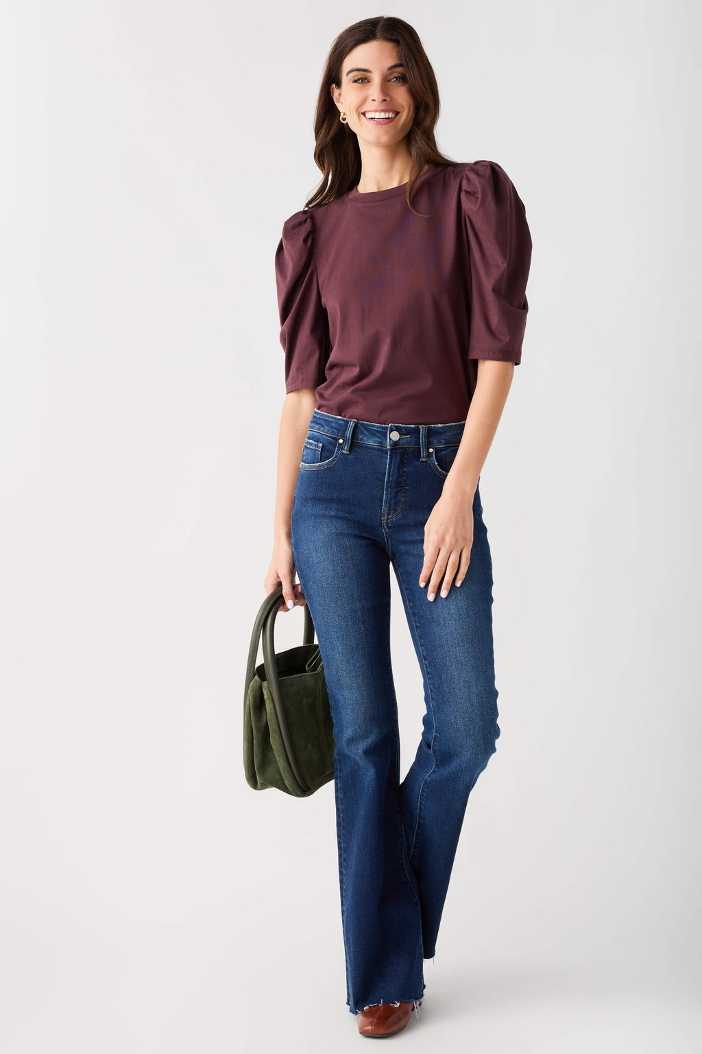 Chocolate puff-sleeve jersey top with crew neck and voluminous three-quarter sleeves