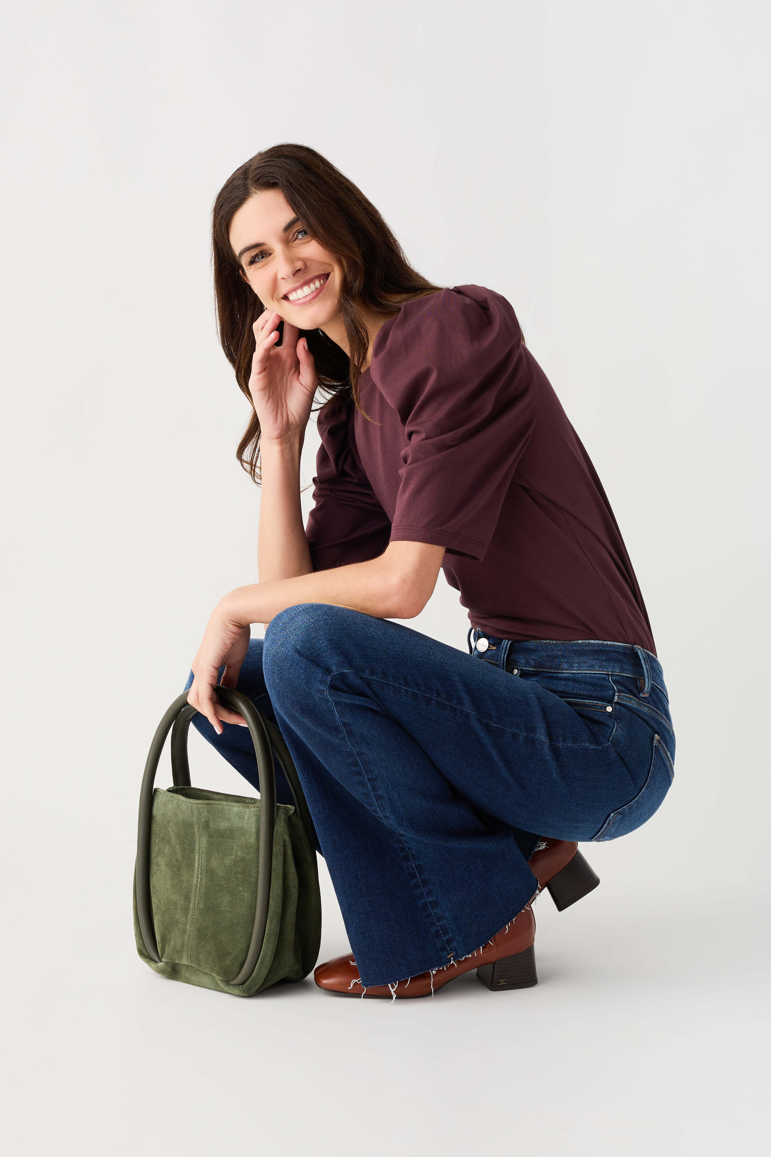 Chocolate puff-sleeve jersey top with crew neck and gathered sleeve cuffs