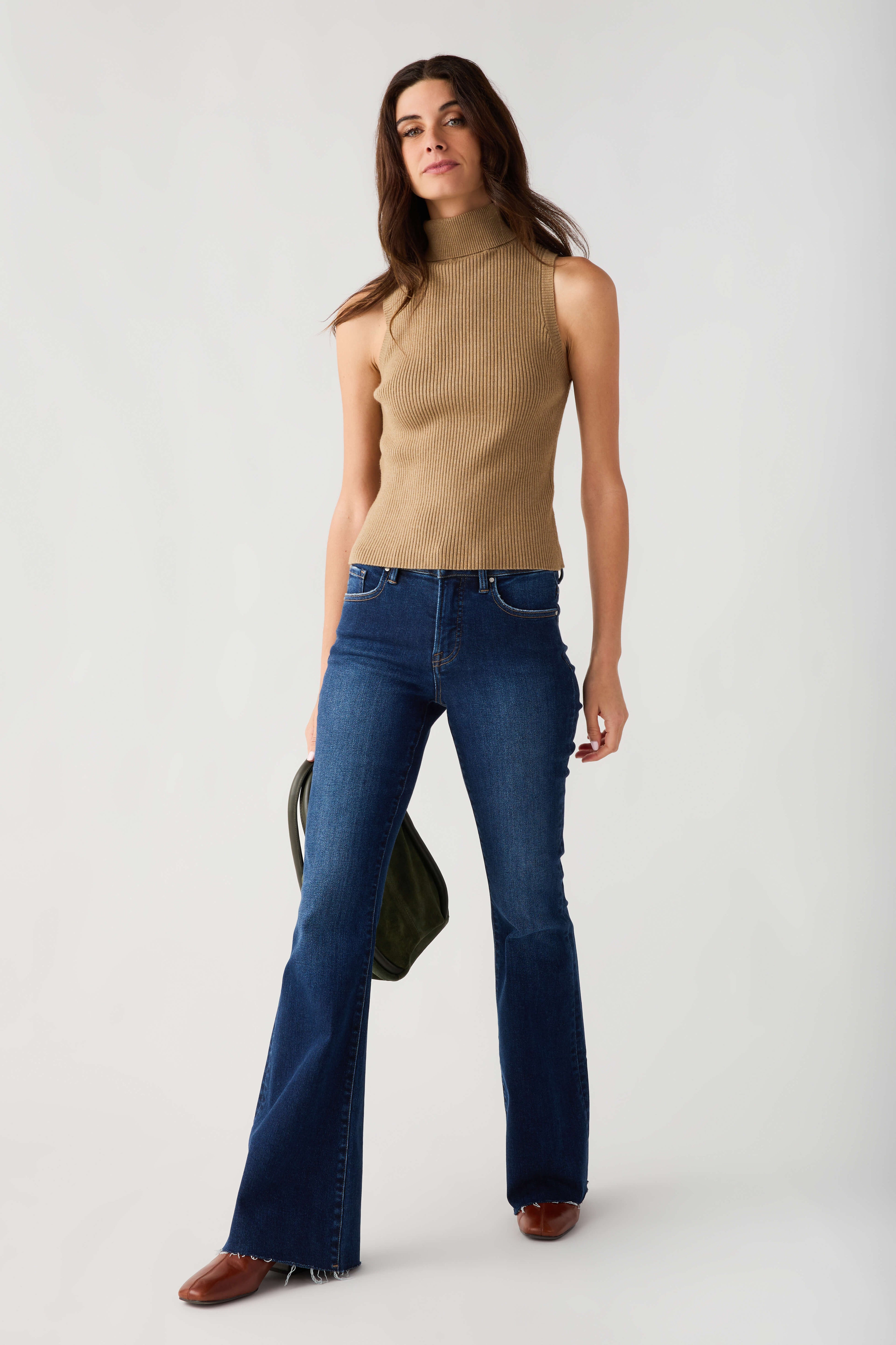 Sleeveless ribbed mock-neck top in tan-brown, fitted and high neck.