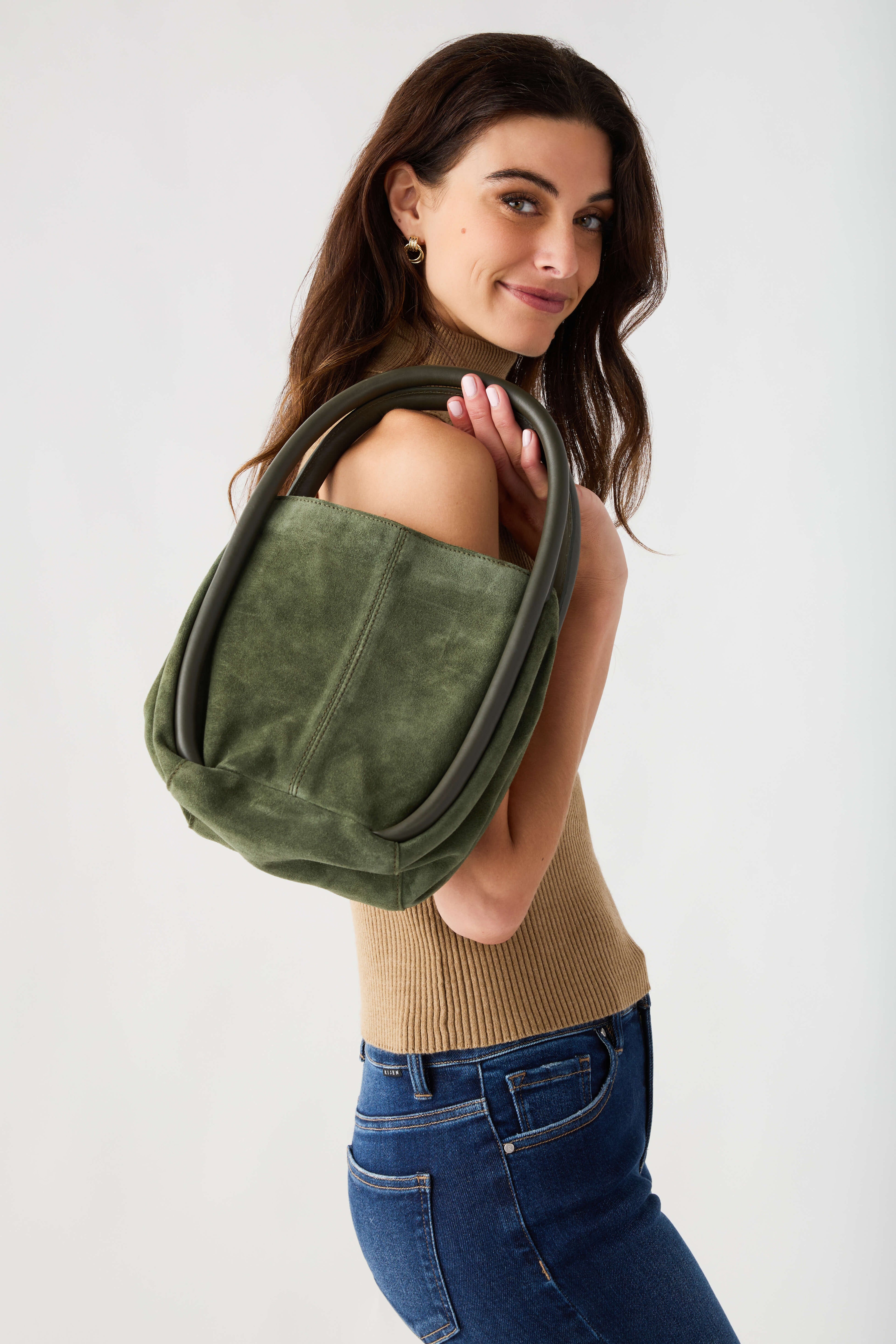 Olive bucket bag with rolled handles and front pocket