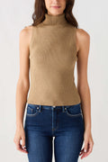 Sleeveless ribbed turtleneck top in tan