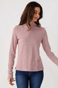 Mauve-and-white striped mockneck knit top with long sleeves, fitted waist