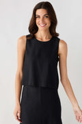 Black linen sleeveless top with round neck and two-layer hem