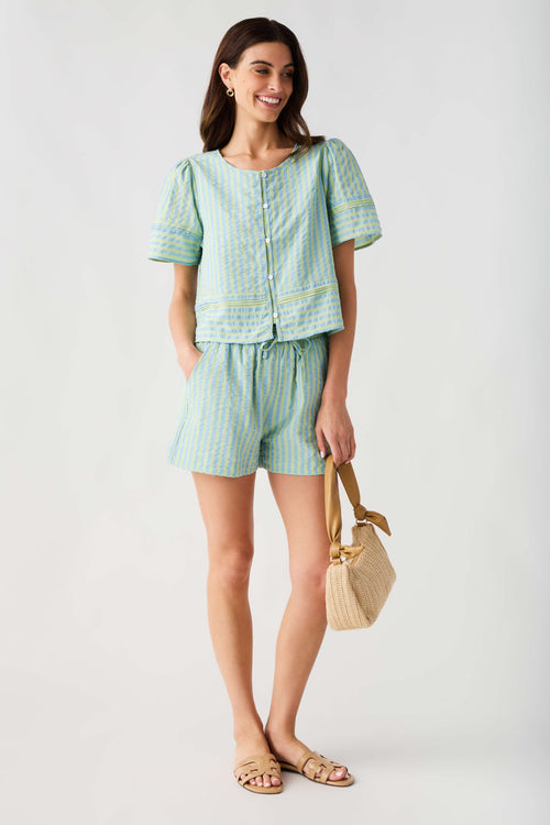 Blue sage striped short set, button-front peplum top and drawstring waist shorts