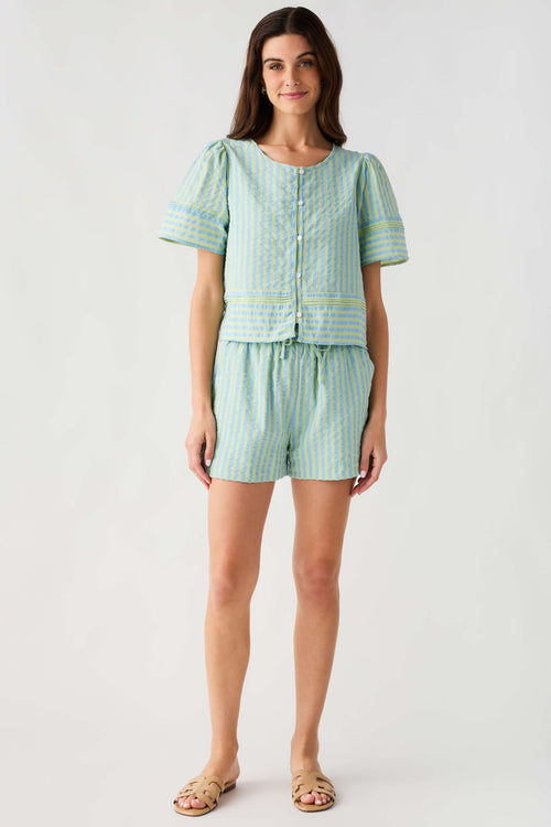 Blue sage striped short set with short sleeves and matching drawstring shorts