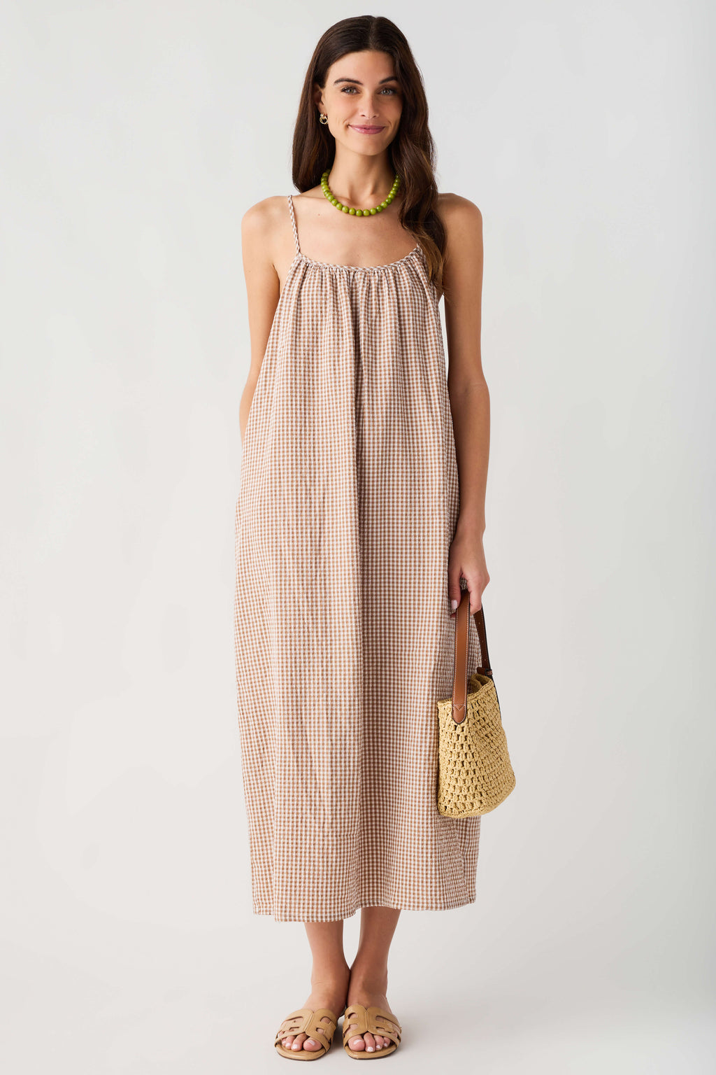 Wishlist Gingham Cami Midi Dress Camel/Cream / Large