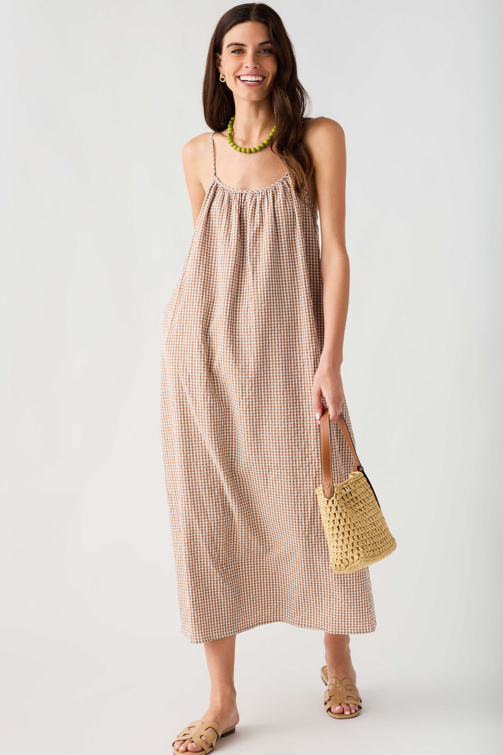 Wishlist Gingham Cami Midi Dress Camel/Cream / Large