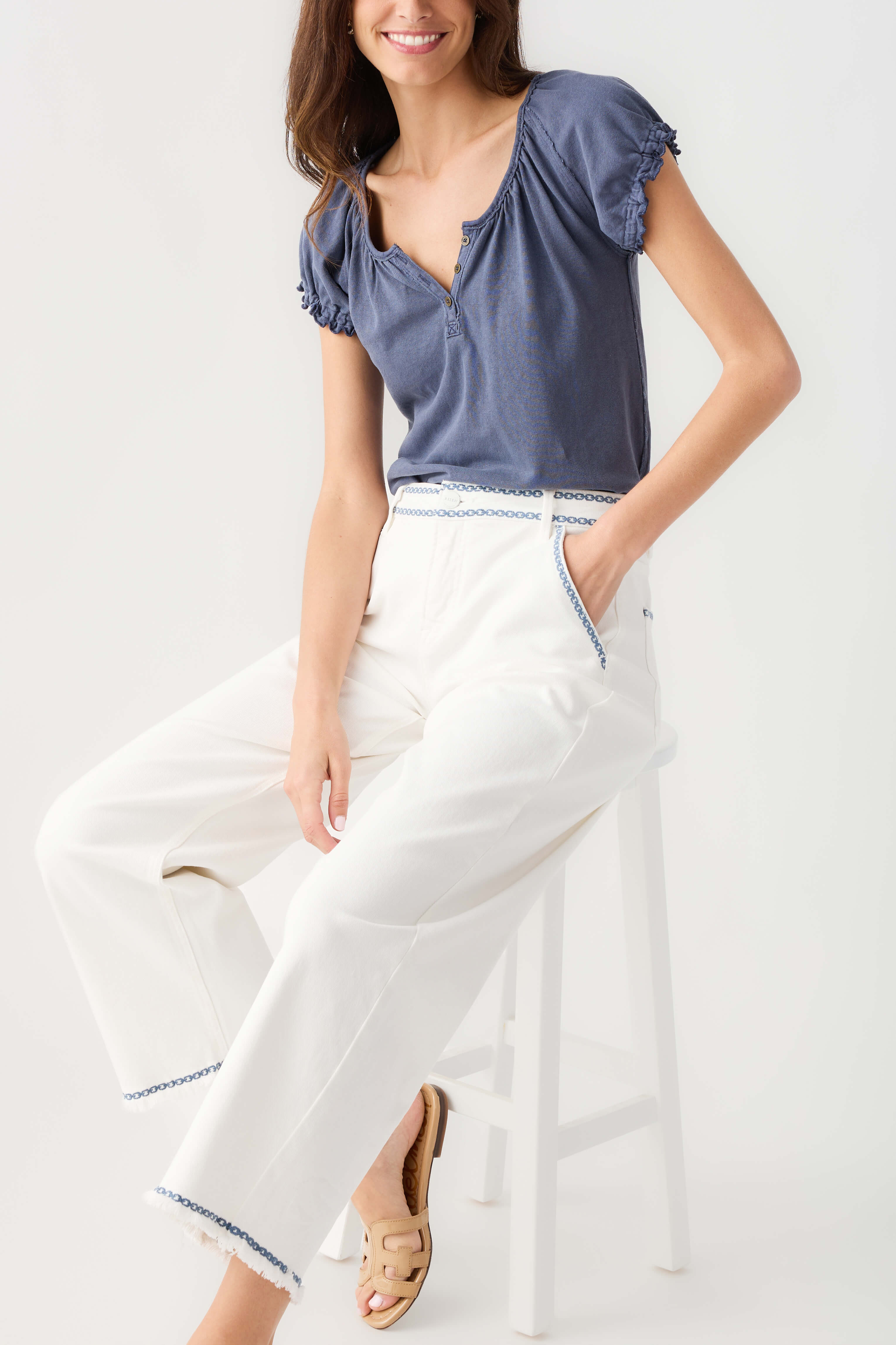 Risen Margot Embroidered Cropped Barrel Jeans