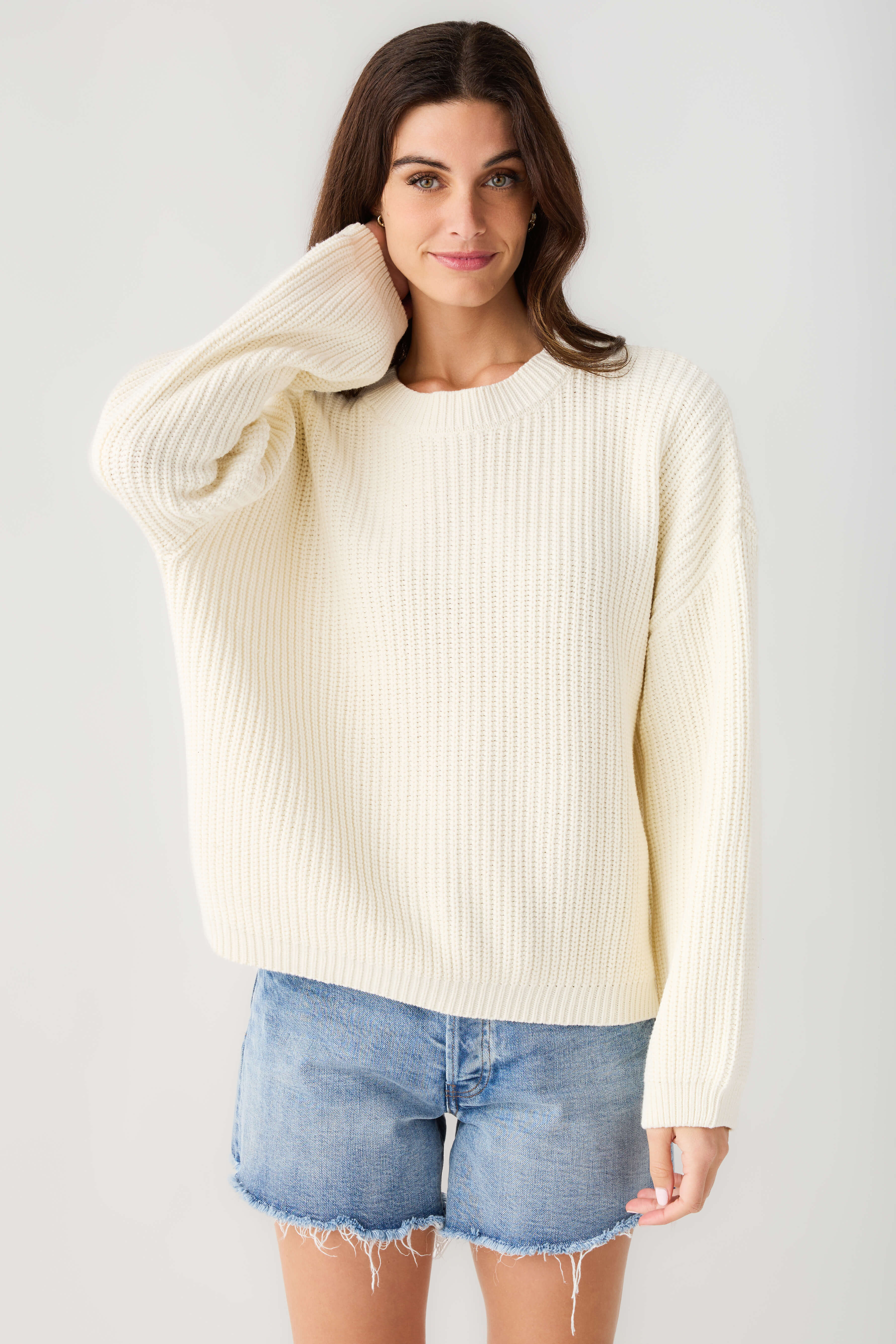 Cream ribbed knit pullover top, wide sleeves and crew neckline