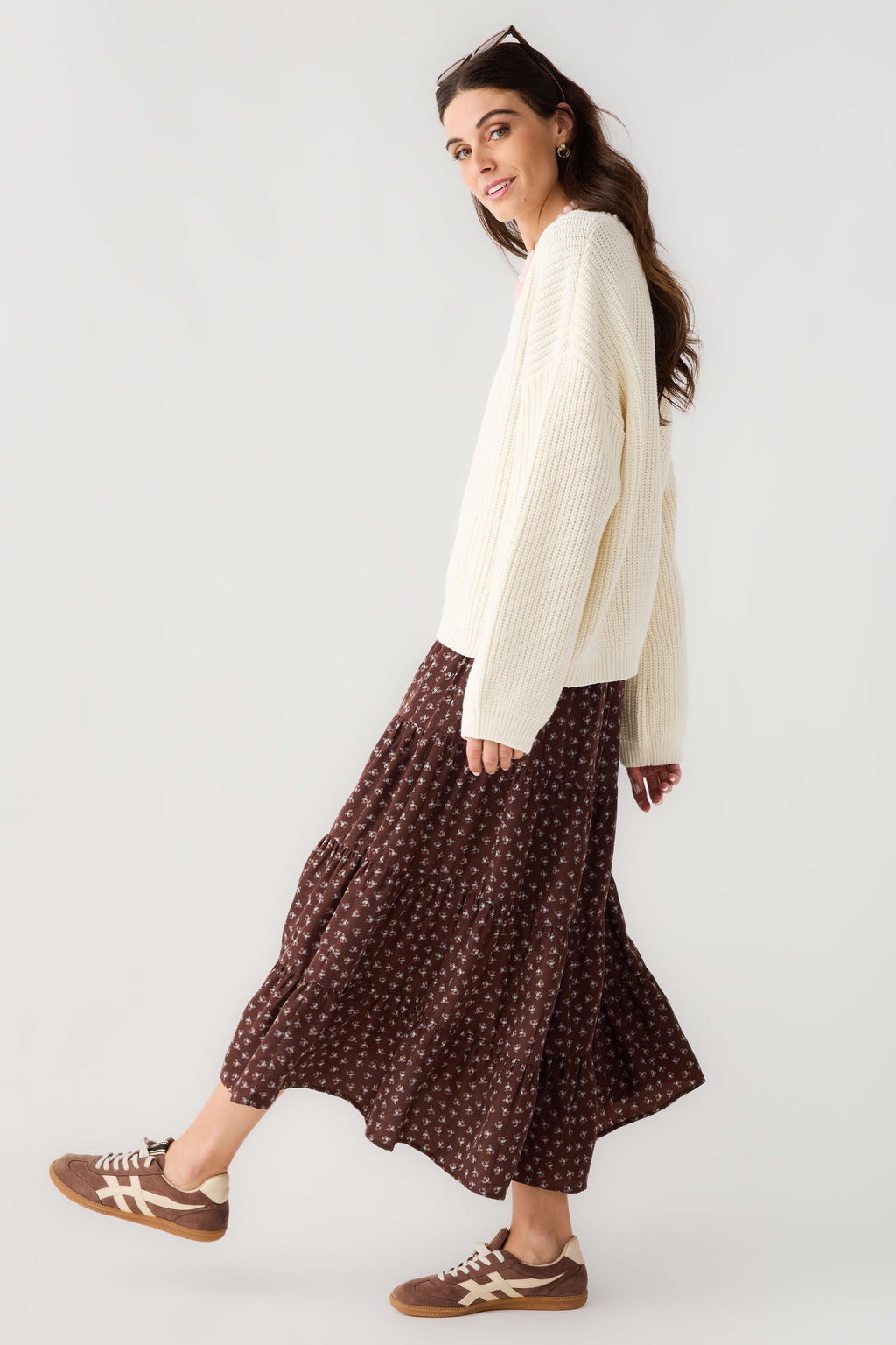 Espresso floral smocked-waist midi skirt, draped side profile and tiered fullness
