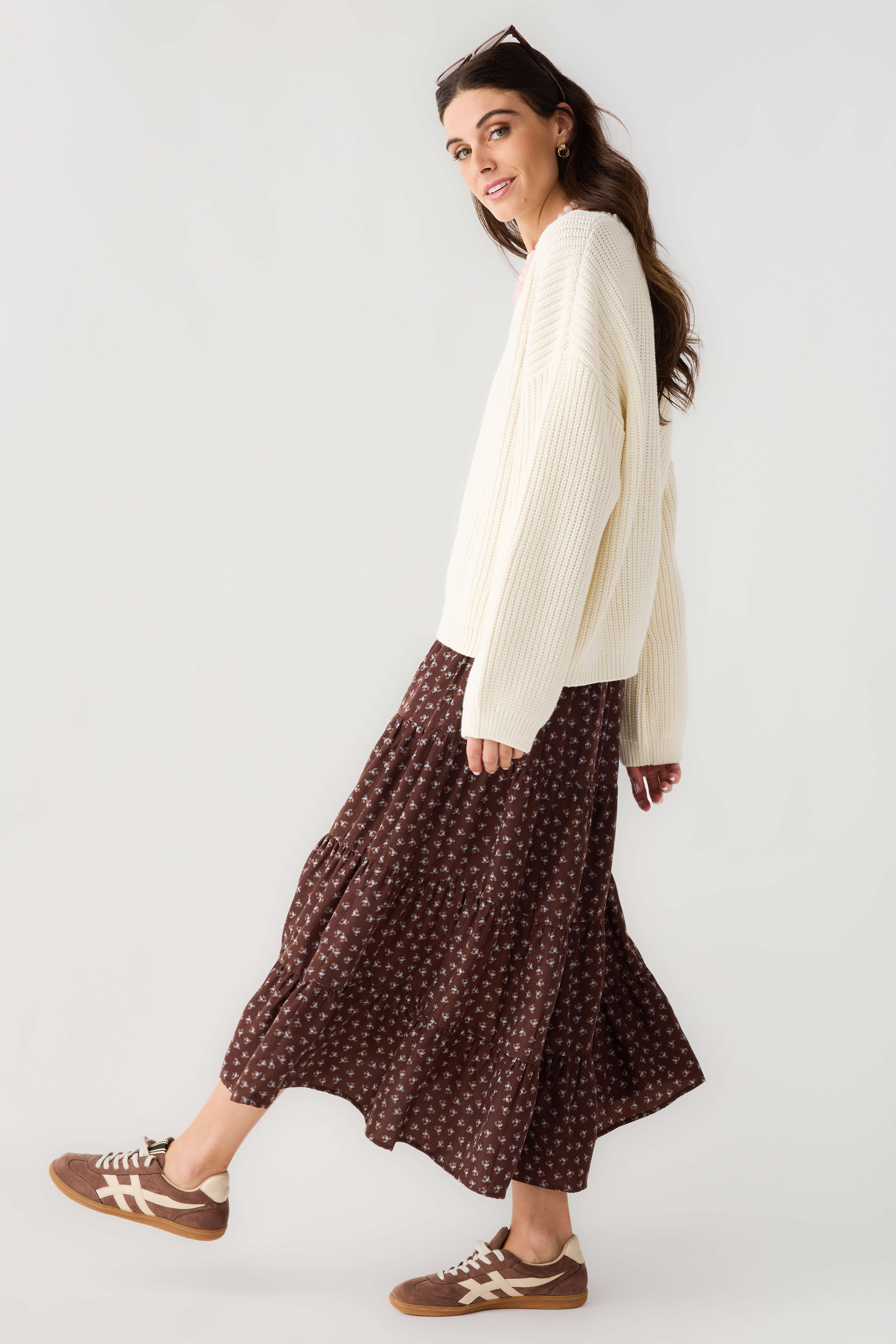 Espresso floral smocked-waist midi skirt, draped side profile and tiered fullness