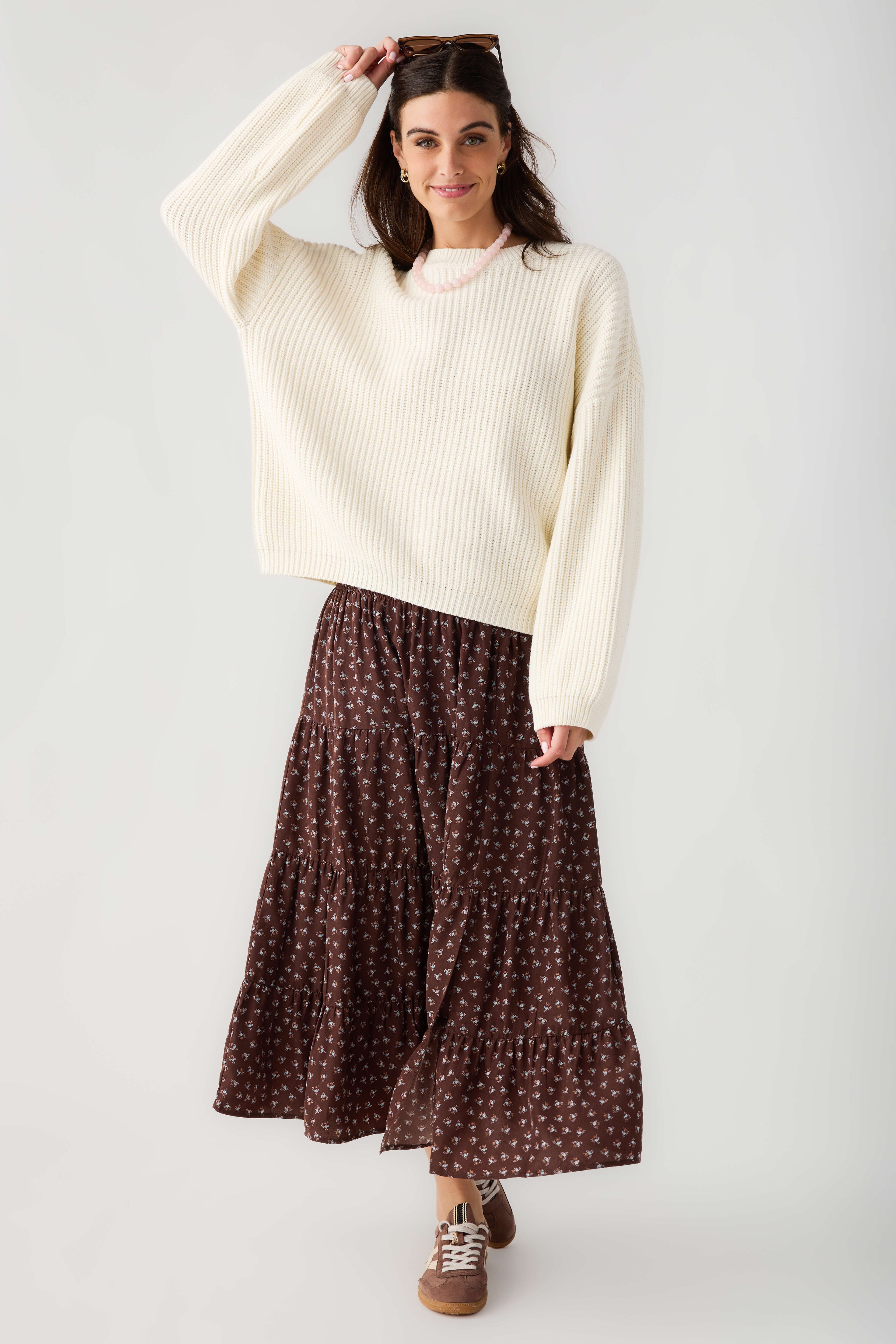 Espresso floral smocked-waist midi skirt with gathered tiered skirt hem, front view