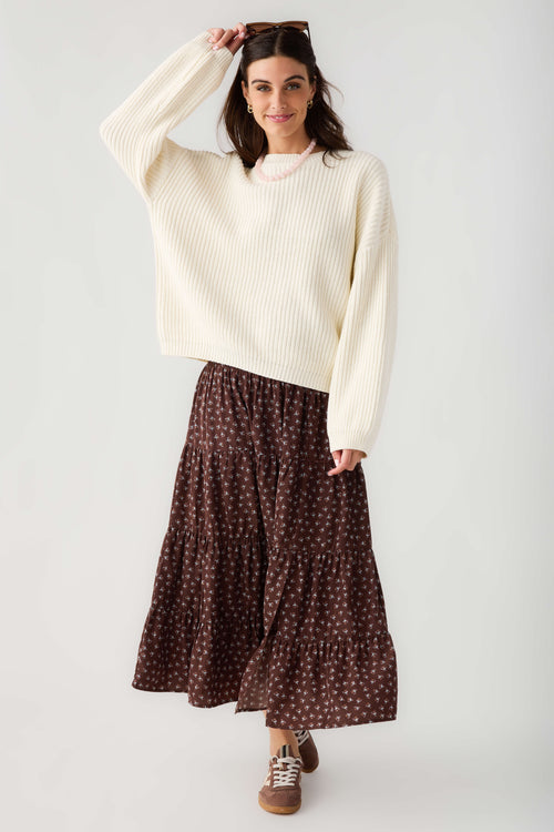 Espresso floral smocked-waist midi skirt with gathered tiered skirt hem, front view