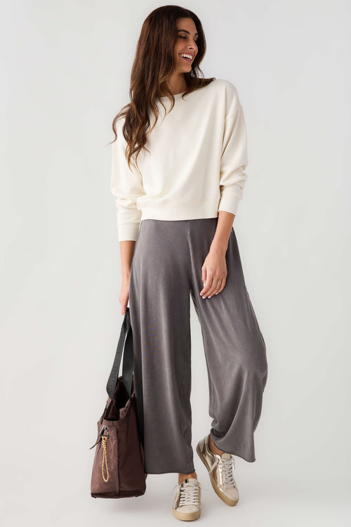 Women’s dark gray wide-leg easy pants with relaxed fit and front elastic waist