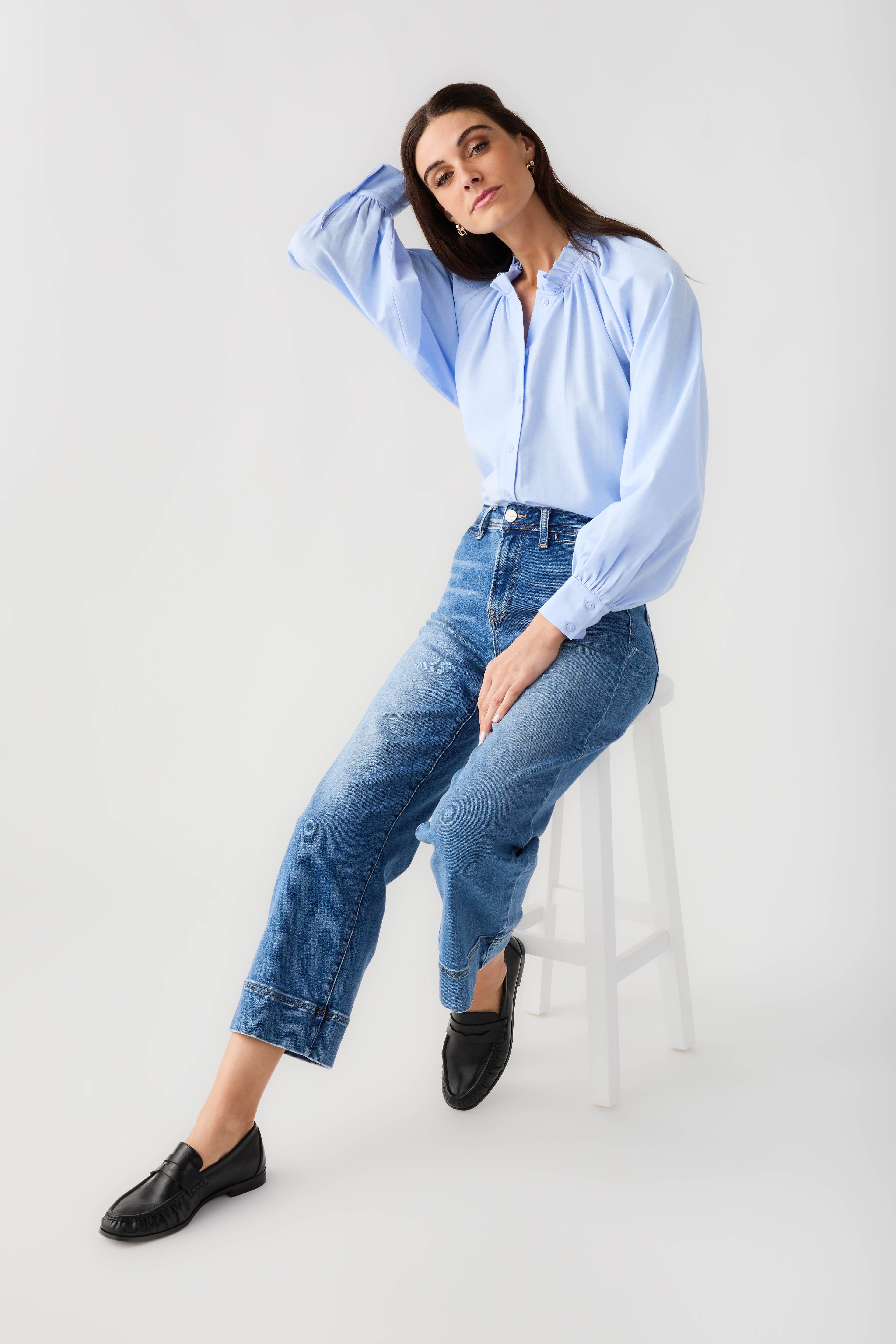 Light blue ruffle button-down blouse with button front, gathered neckline, balloon sleeves