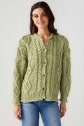 Light green cable-knit cardigan with button front and long sleeves
