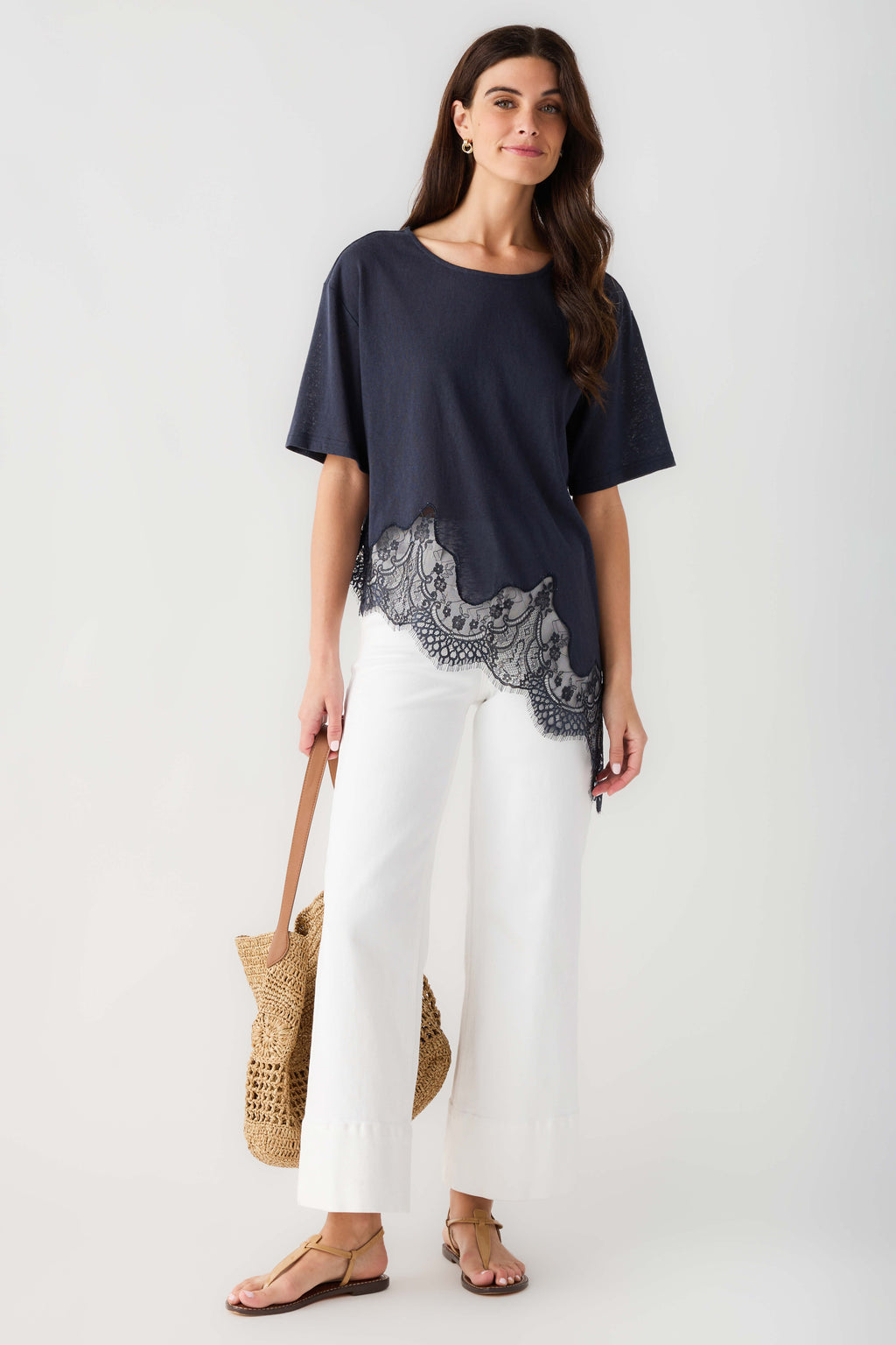 Raisonnel Slub Knit Lace Hem Top
