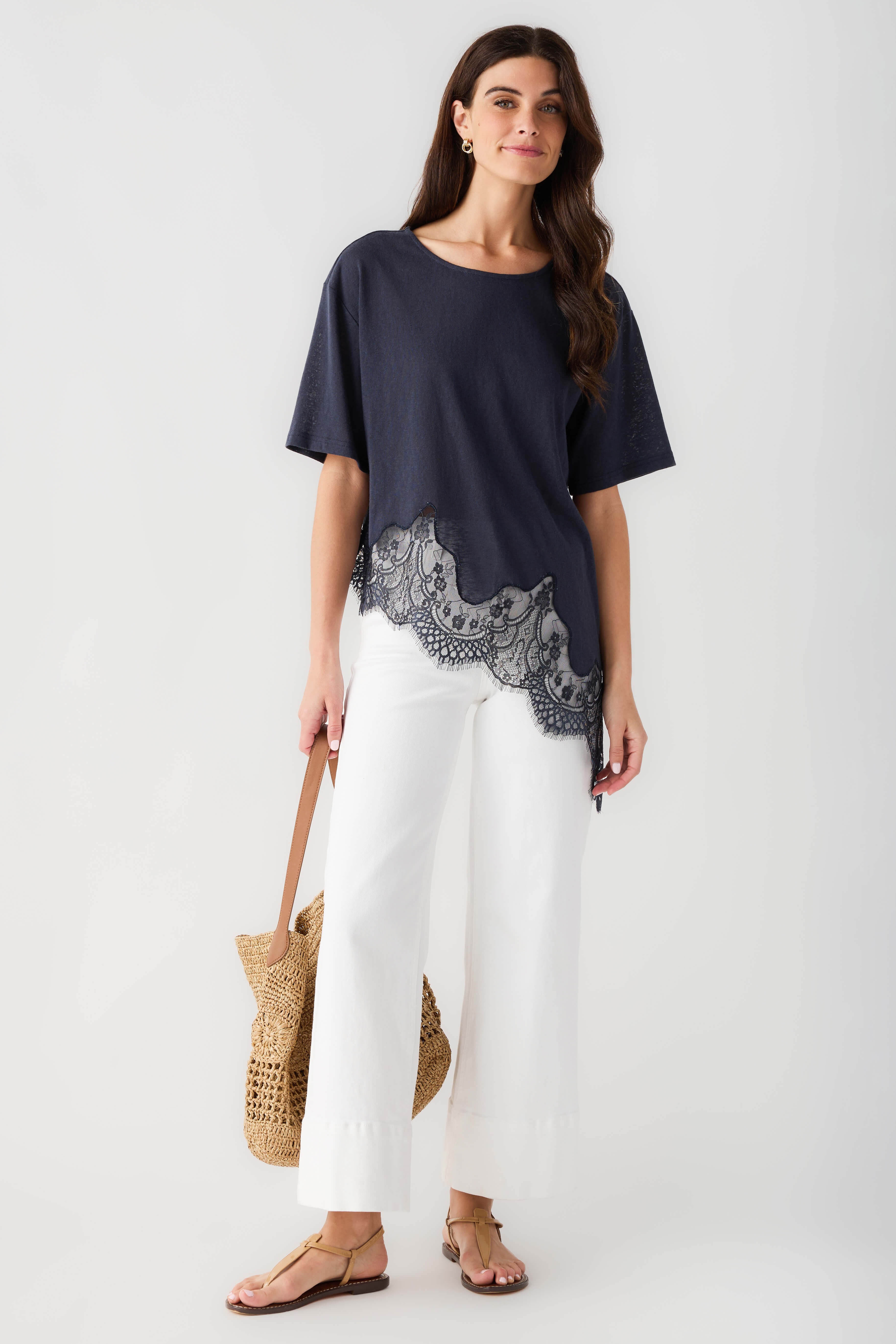 Raisonnel Slub Knit Lace Hem Top