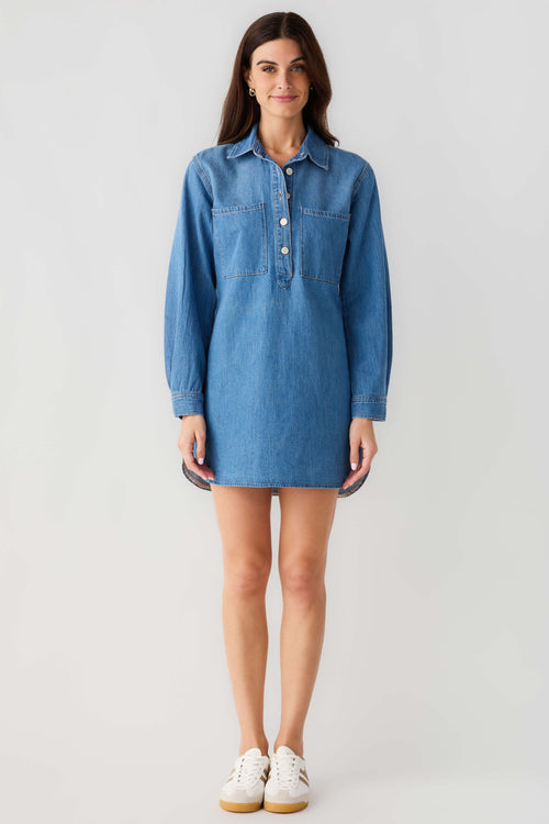 Blue denim shirt dress with point collar, button front and chest pocket, long sleeves.