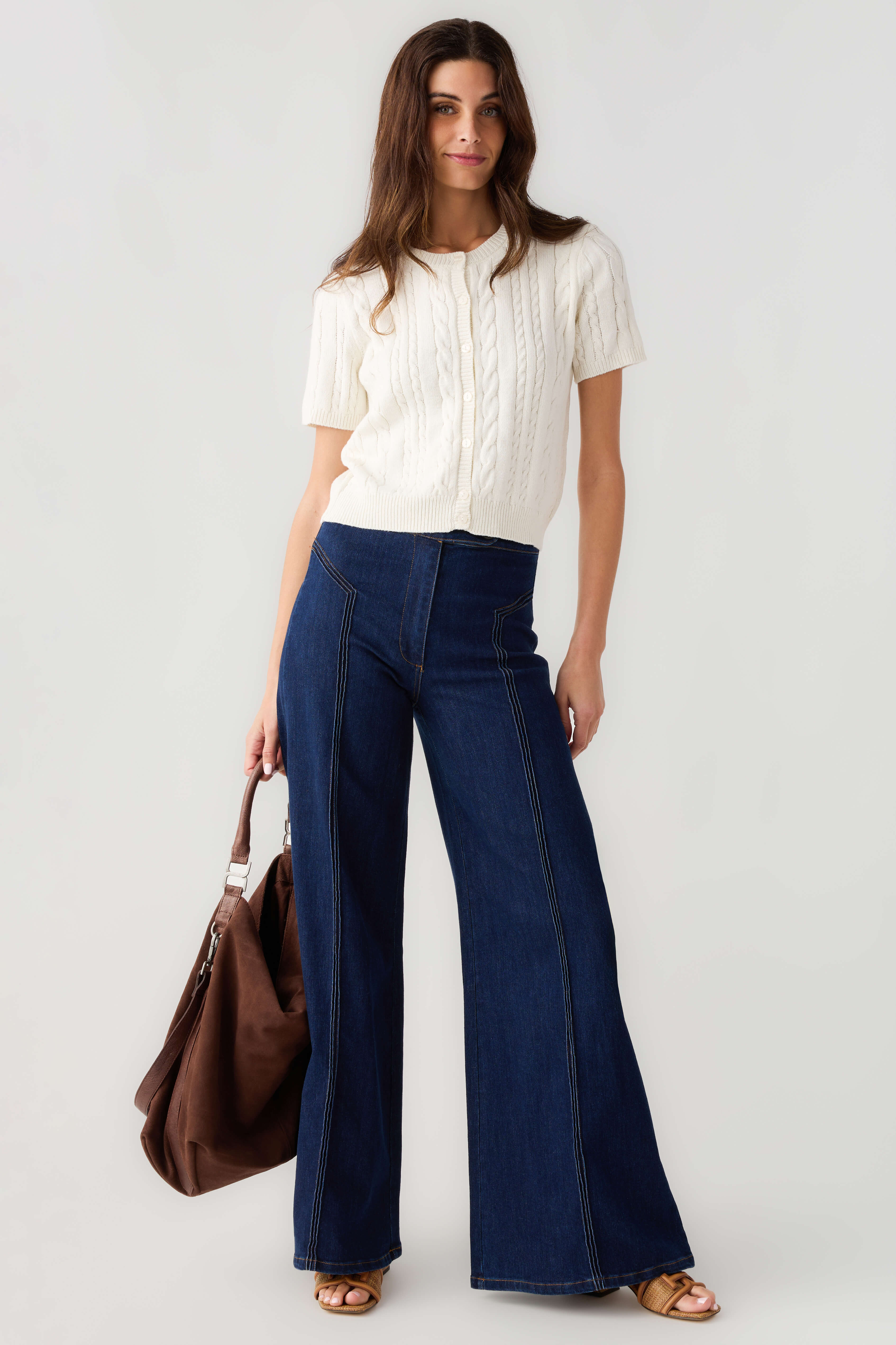 Off-white cable-knit short-sleeve cardigan, button-front top view