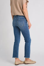 Risen Slightly Distressed Frayed Hem Straight Leg Jeans