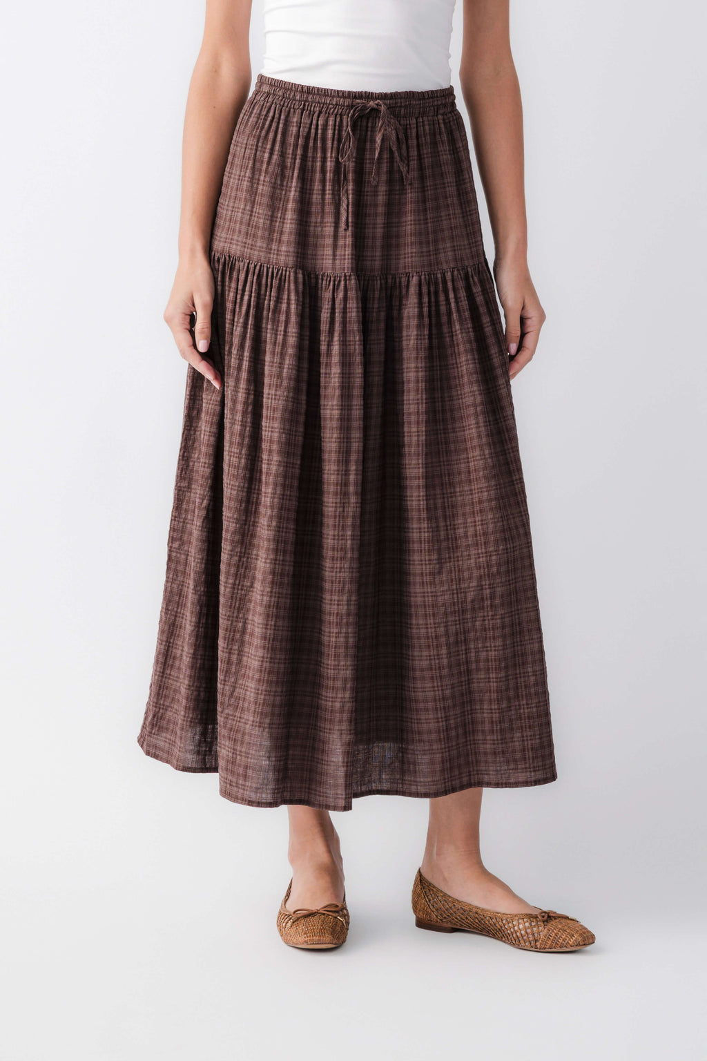 Brown plaid tiered maxi skirt with elastic waist