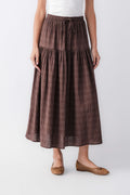 Brown plaid tiered maxi skirt with elastic waist