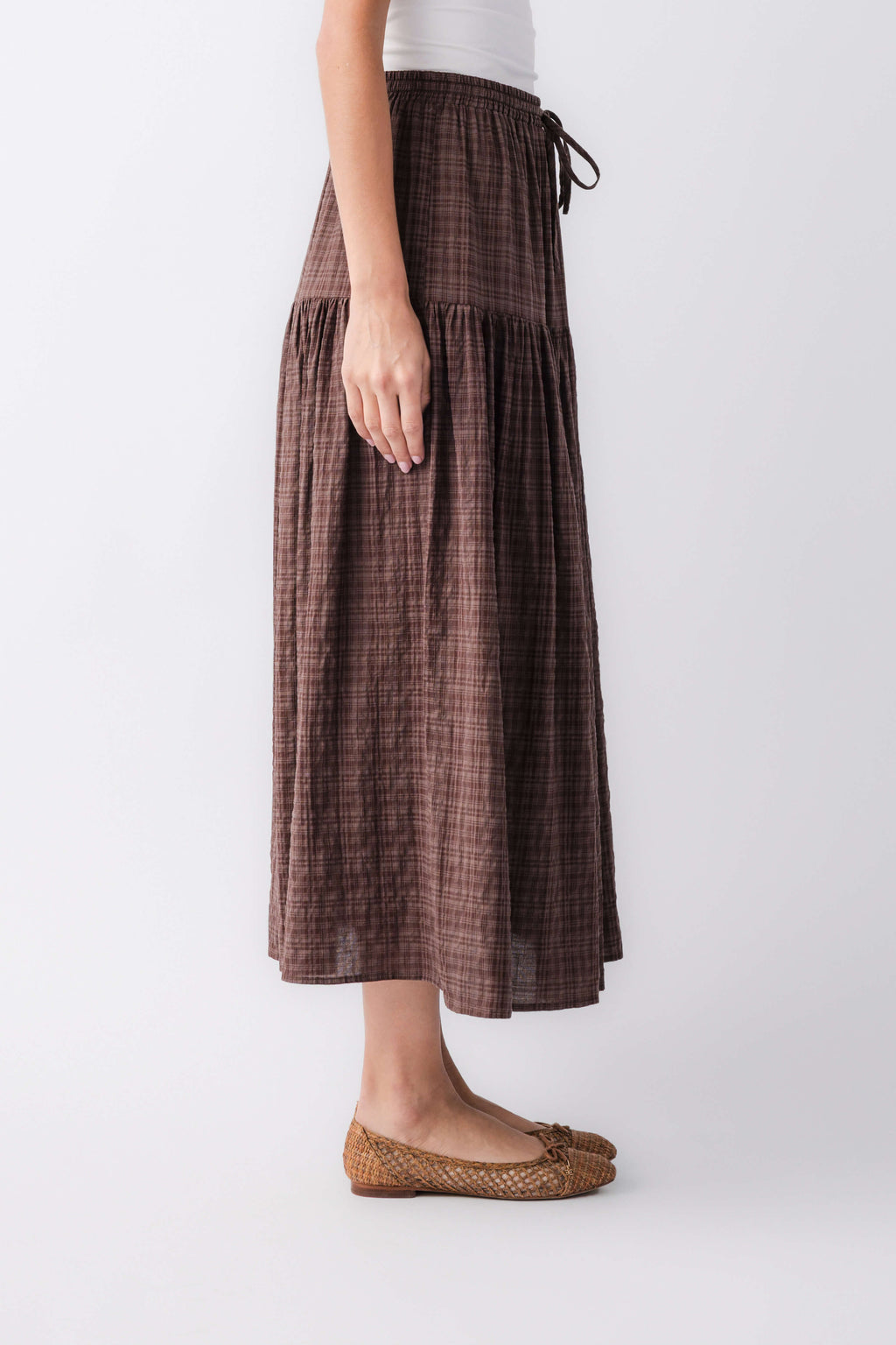 Brown plaid maxi skirt with side drawstring bow and tiered panels