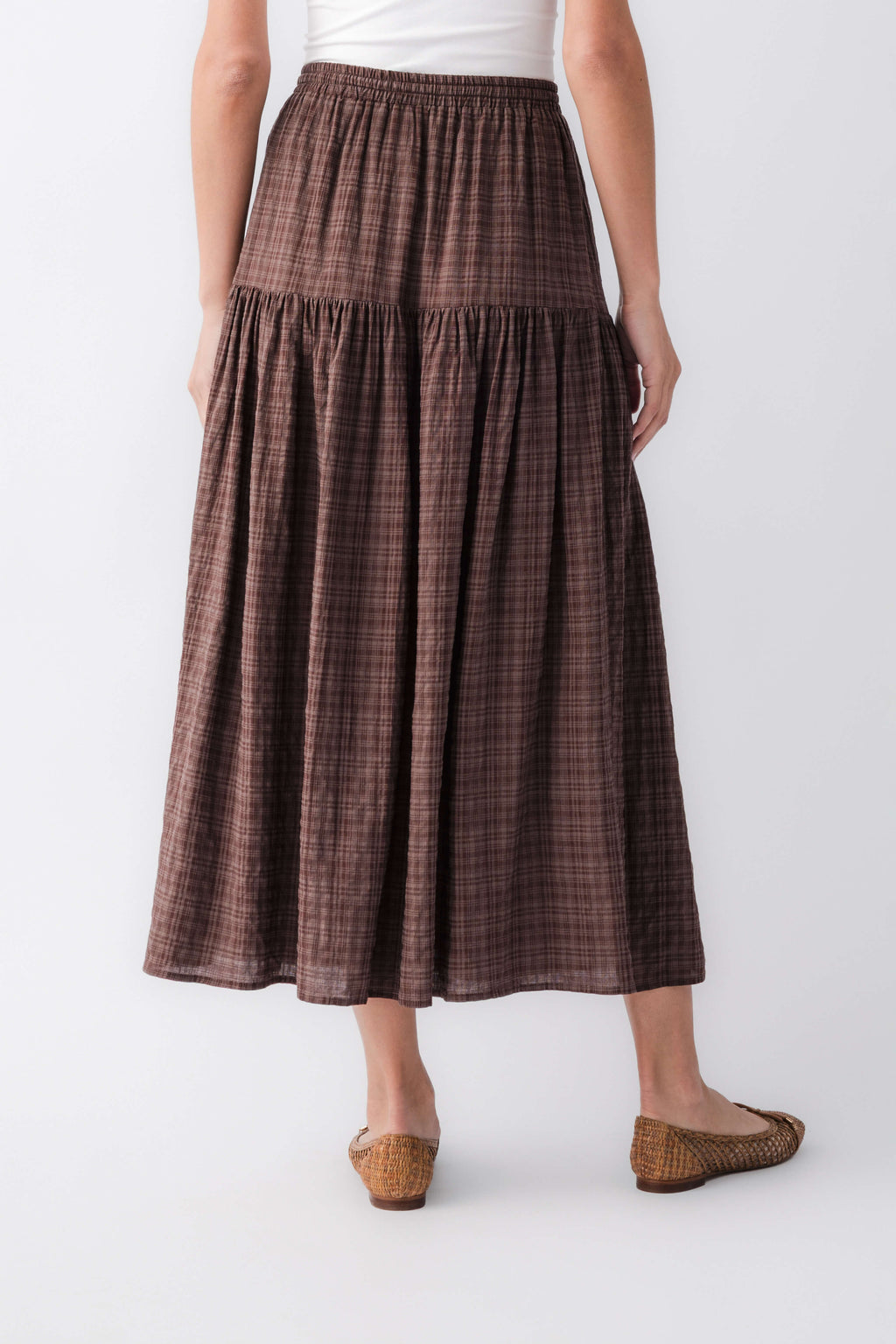 Brown plaid maxi skirt, tiered ruffle hem with elastic waistband