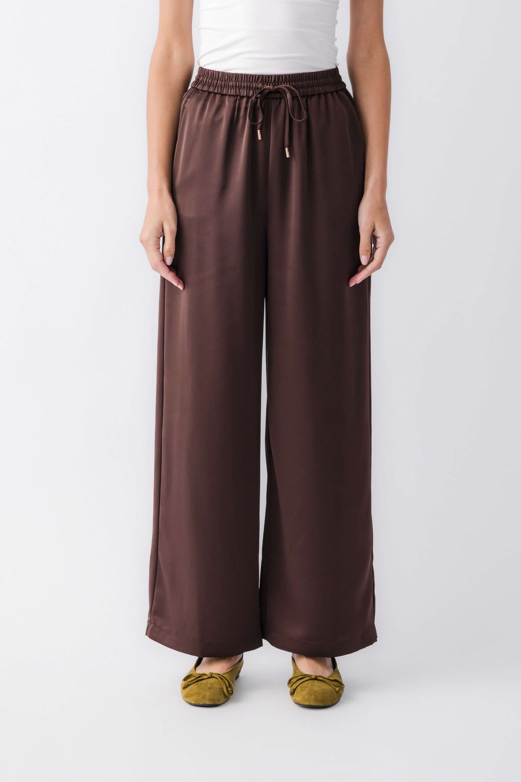 Espresso satin wide-leg pants, front view with elastic waist and small drawstring