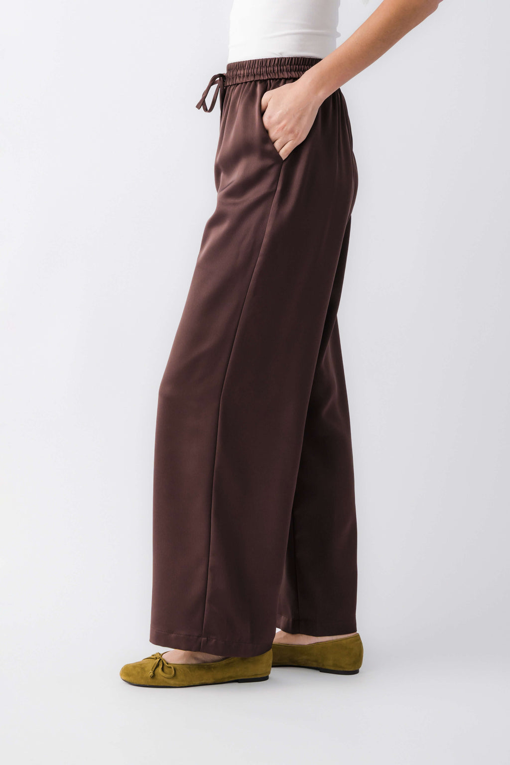 Espresso satin wide-leg pants with elastic waist and drawstring, side view