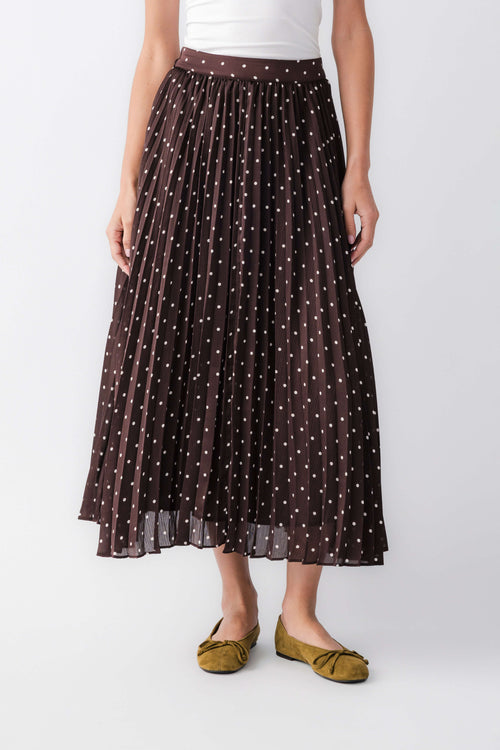 Brown polka-dot pleated maxi skirt with elastic waist, full length front view