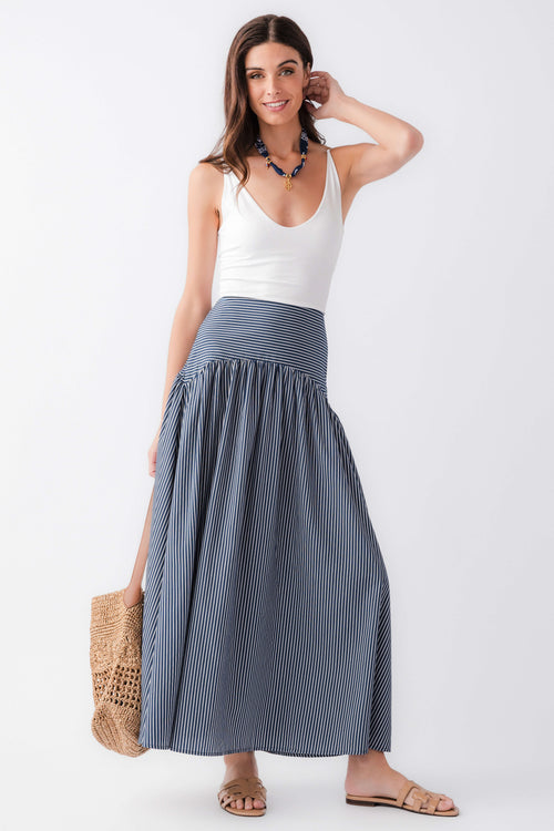 Blue-and-white striped maxi skirt with drop-waist panel, elastic waistband and pleats