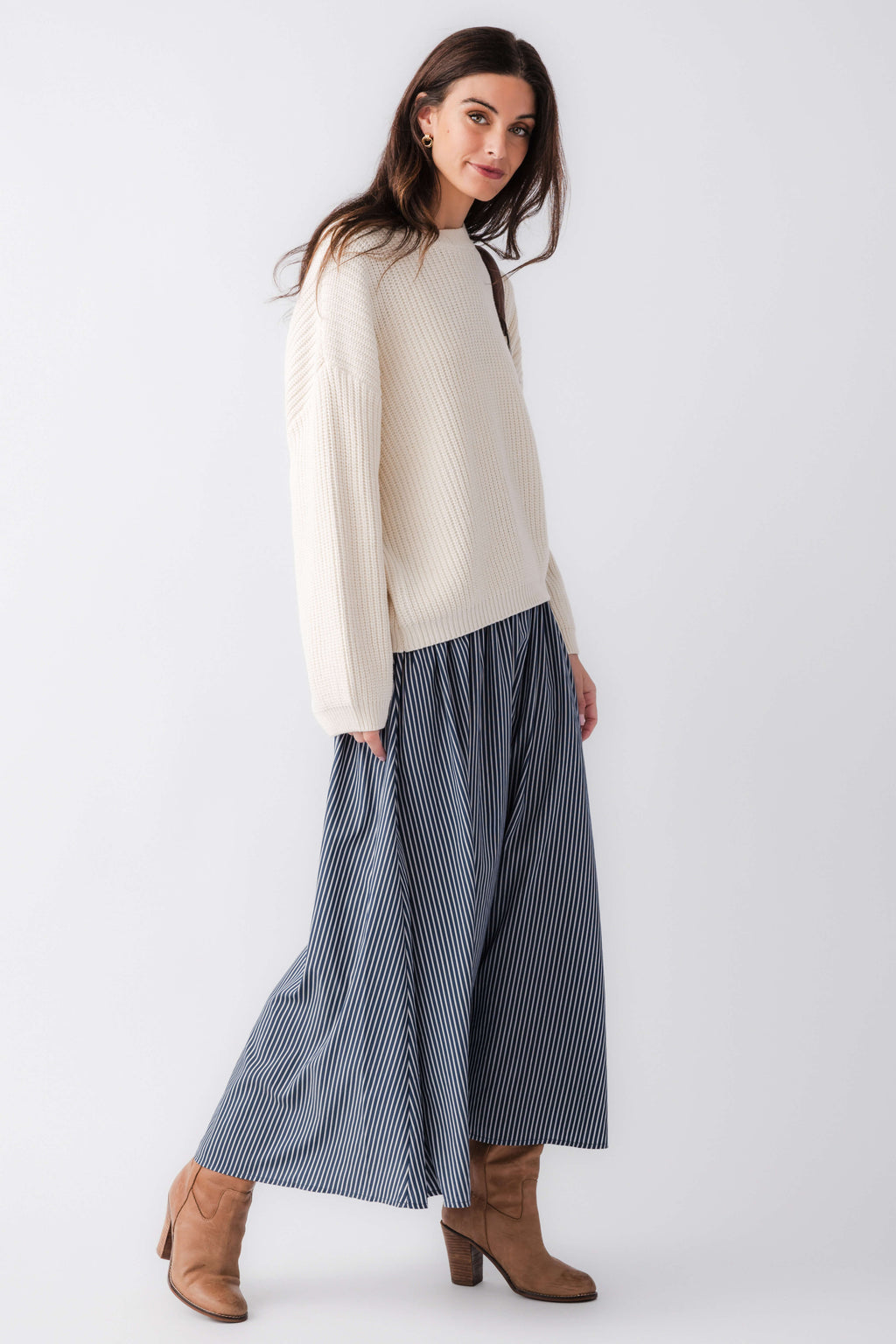 Blue-and-white striped drop-waist maxi skirt, gathered waist and flared hem