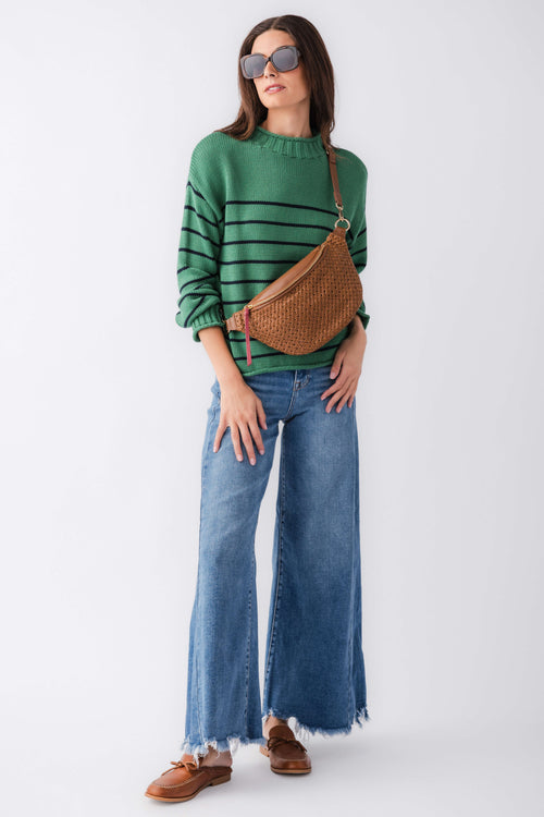 Green striped knit mockneck sweater, full front view with ribbed cuffs