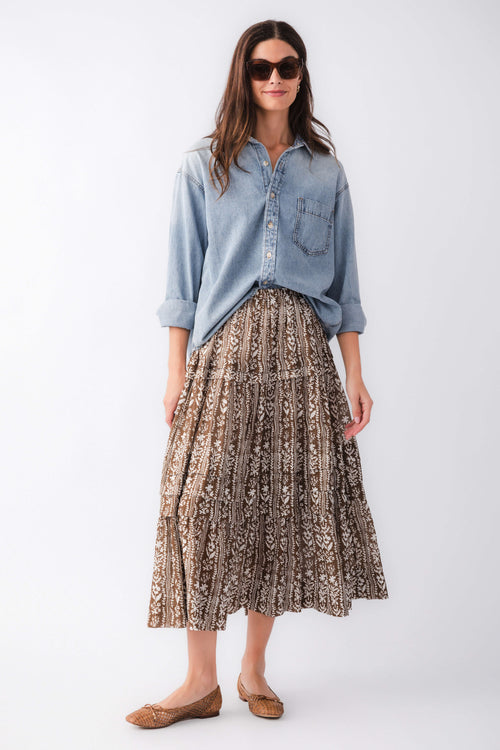 Mocha printed tiered maxi skirt with pinch-pleat waist, brown and black ornate pattern