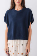 Ink blue dropped-shoulder knit top, ribbed crew neck and hem, short sleeve silhouette
