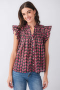 Flutter sleeve button-up top in dark pink-and-floral block print, gathered yoke