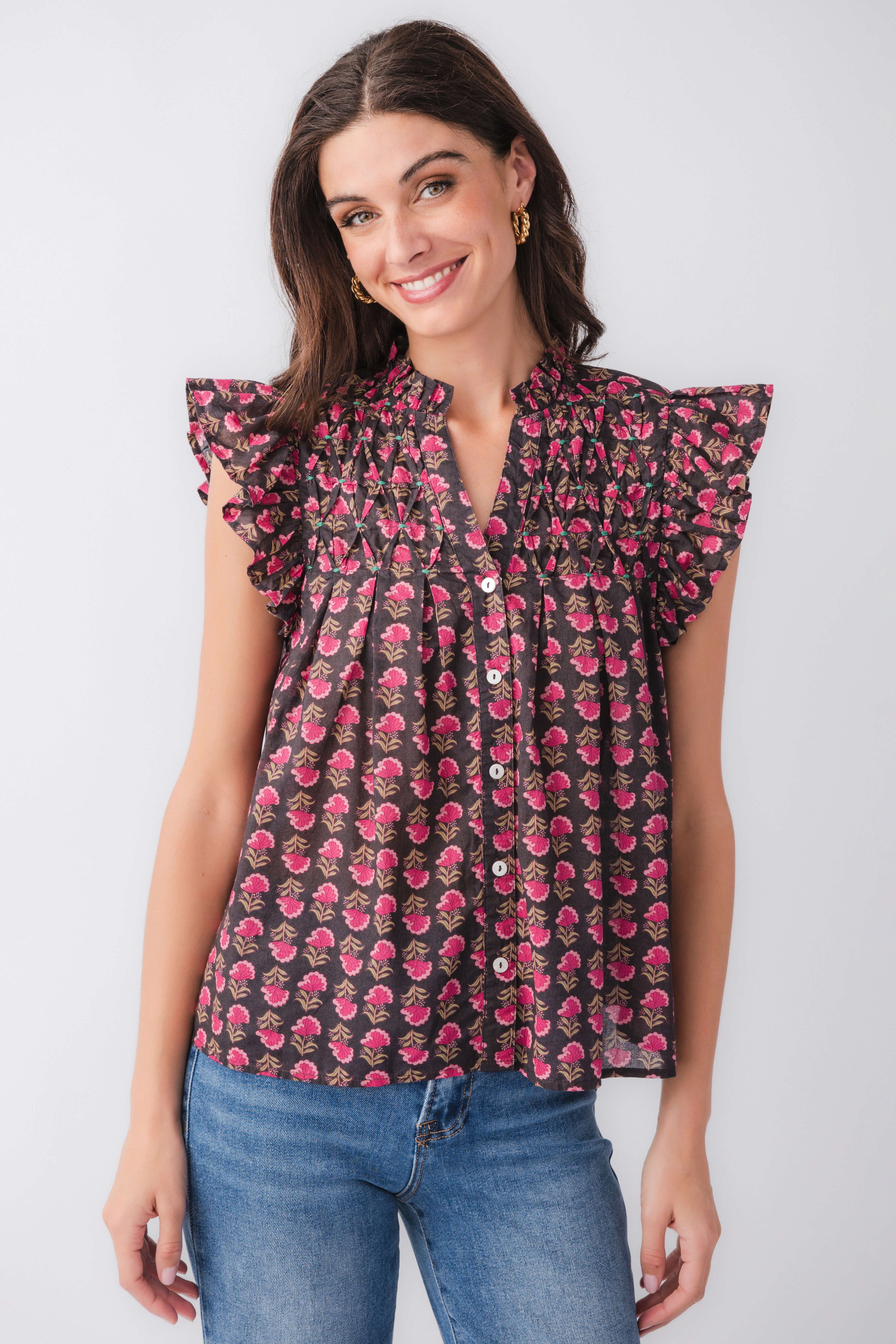 Flutter sleeve button-up top in dark pink-and-floral block print, gathered yoke