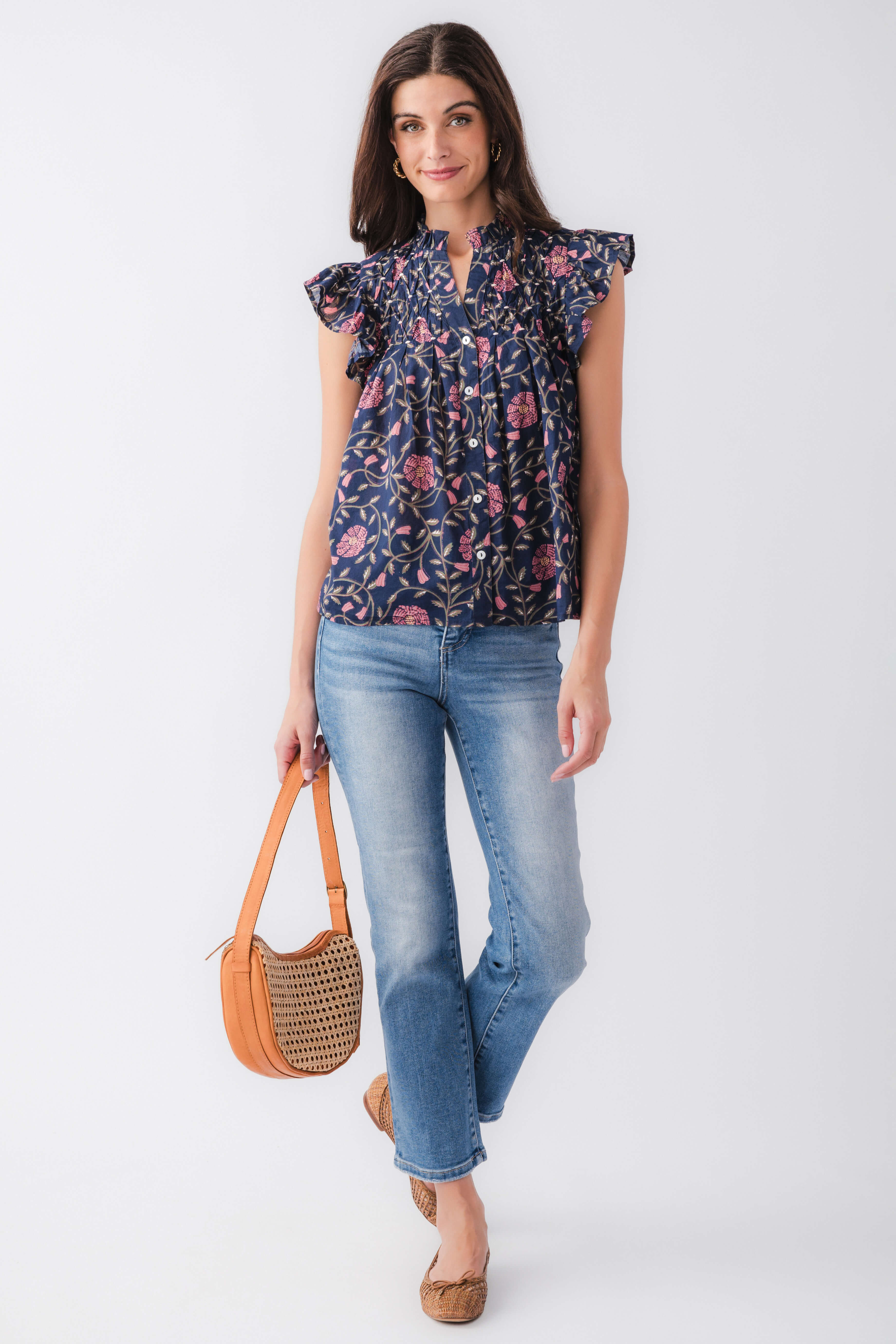 Navy block-print button-up top with flutter sleeves and front buttons