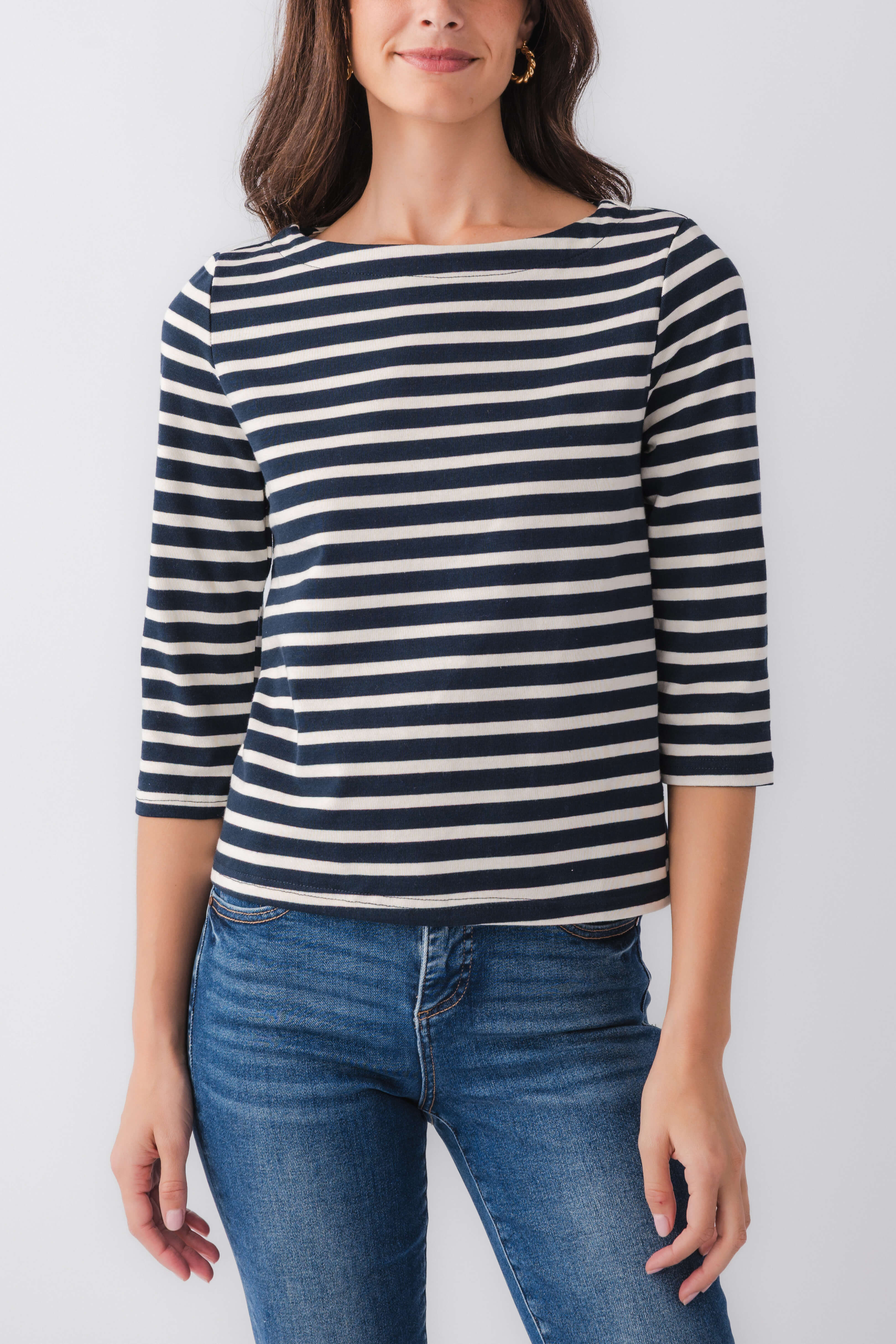 Navy and white striped boatneck top with three-quarter sleeves, front view